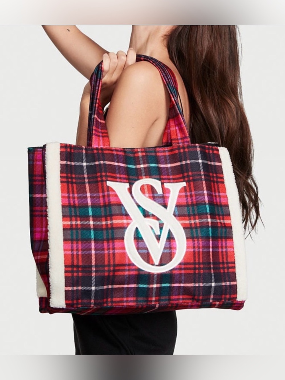 VICTORIAS SECRET Red Plaid Tote with Sherpa Trim